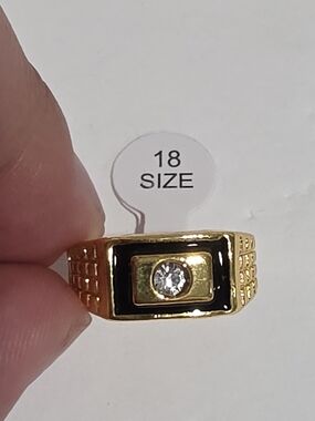 Gold-Tone Men’s Signet Ring with Black Enamel and Clear Stone (Size 18/US9)